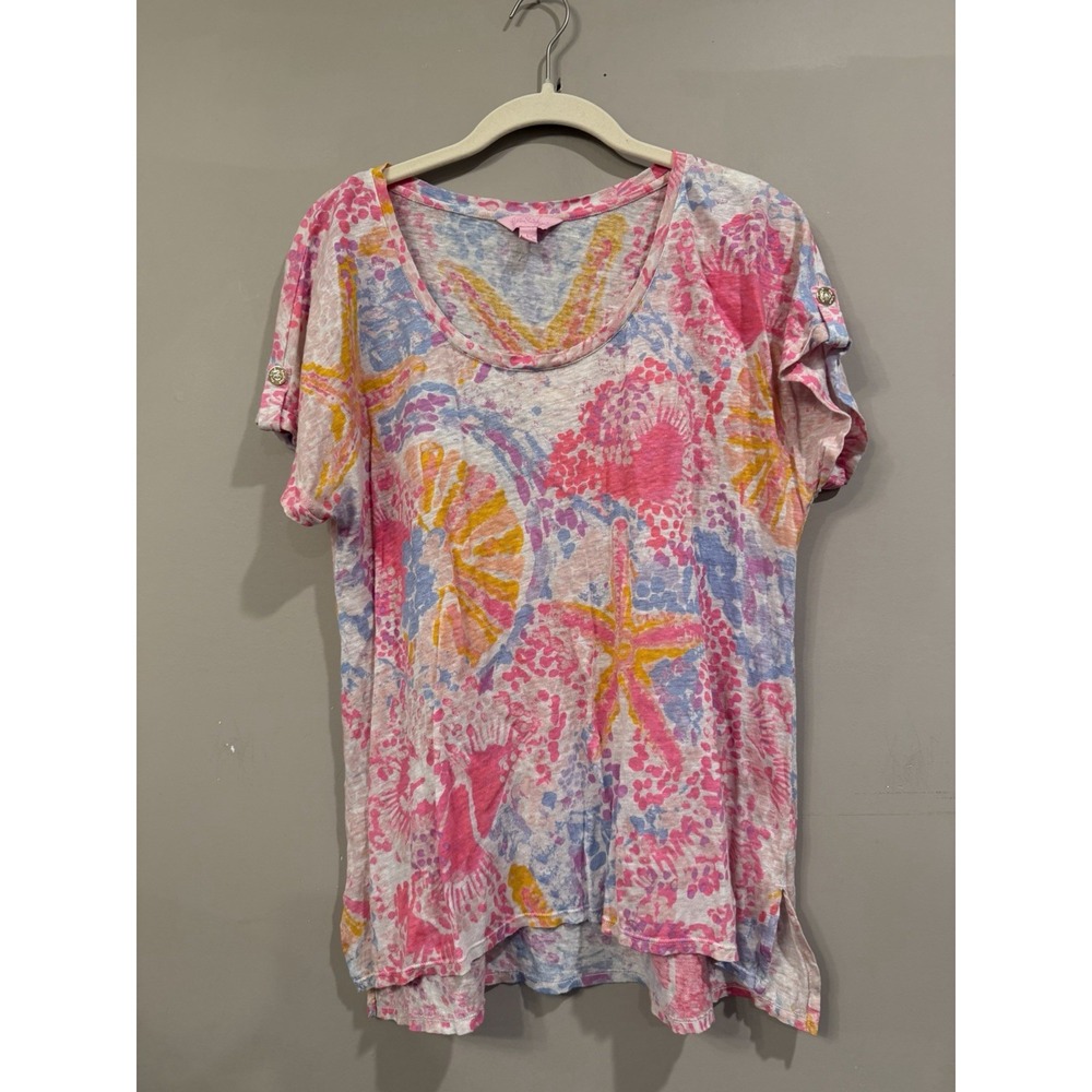 Lilly Pulitzer Large  Paradise Pink Bohemian Beach Inara 100% Linen Starfish Top